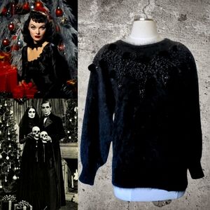 80s, Black, Angora, Sweater, Goth Holiday, Embellished, Unique, Sequins, Whimsi